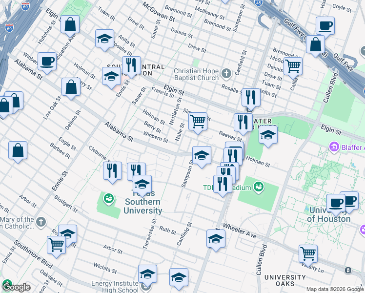 map of restaurants, bars, coffee shops, grocery stores, and more near 119 Winbern Street in Houston