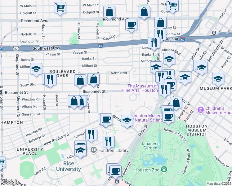 map of restaurants, bars, coffee shops, grocery stores, and more near 1441 Bissonnet Street in Houston