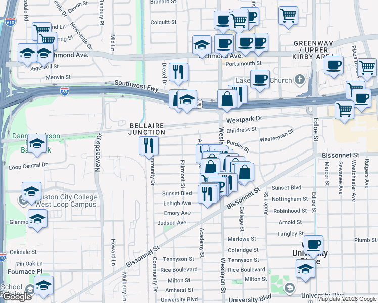 map of restaurants, bars, coffee shops, grocery stores, and more near 4106 Drake Street in Houston