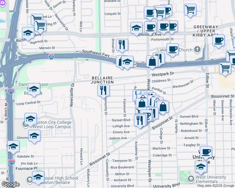 map of restaurants, bars, coffee shops, grocery stores, and more near 4206 Drake Street in Houston