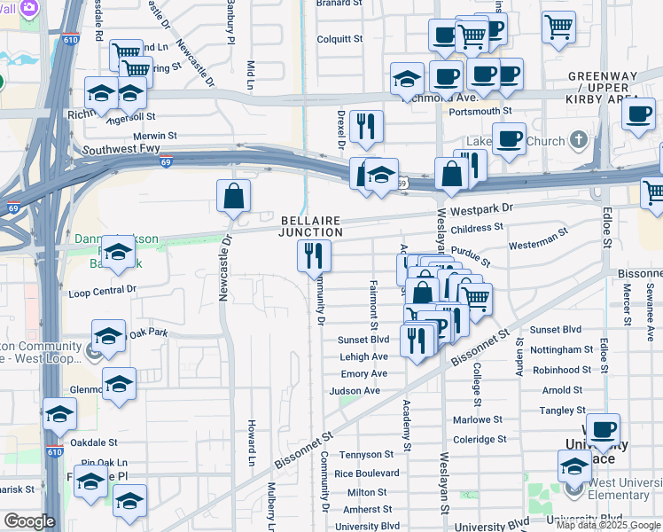 map of restaurants, bars, coffee shops, grocery stores, and more near 4246 Drake Street in Houston