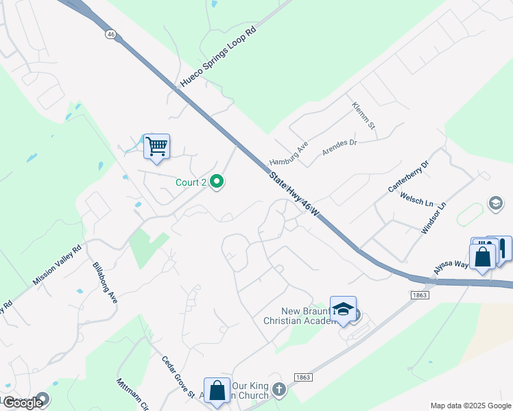 map of restaurants, bars, coffee shops, grocery stores, and more near 224 T Bar M Drive in New Braunfels