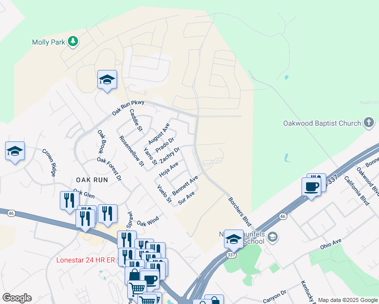 map of restaurants, bars, coffee shops, grocery stores, and more near 391 Borchers Boulevard in New Braunfels