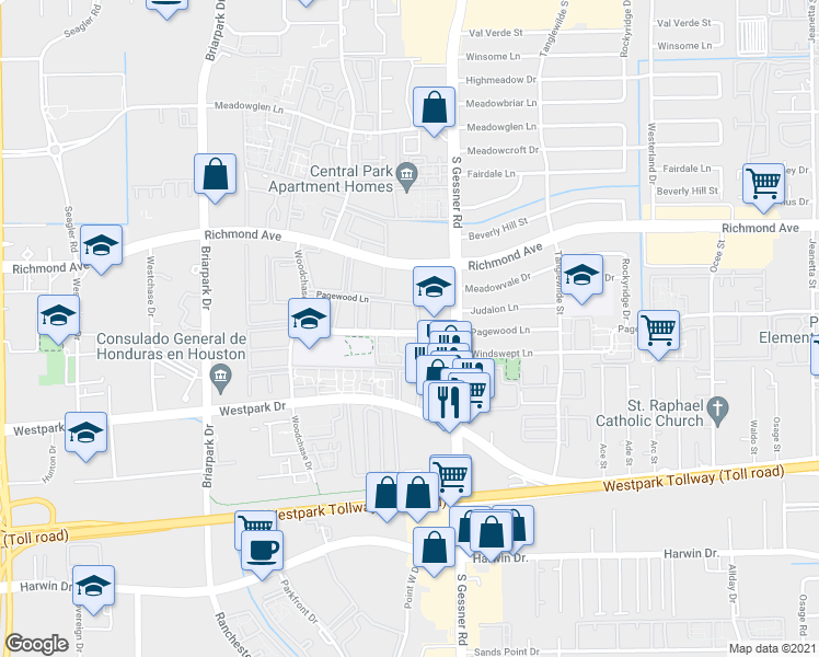 map of restaurants, bars, coffee shops, grocery stores, and more near 3602 Pagewood Lane in Houston