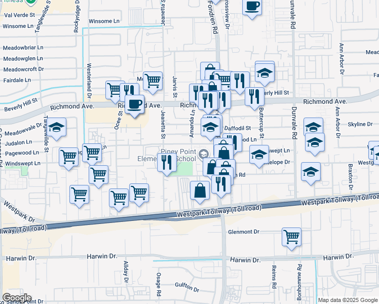 map of restaurants, bars, coffee shops, grocery stores, and more near 3505 Amanda Lane in Houston