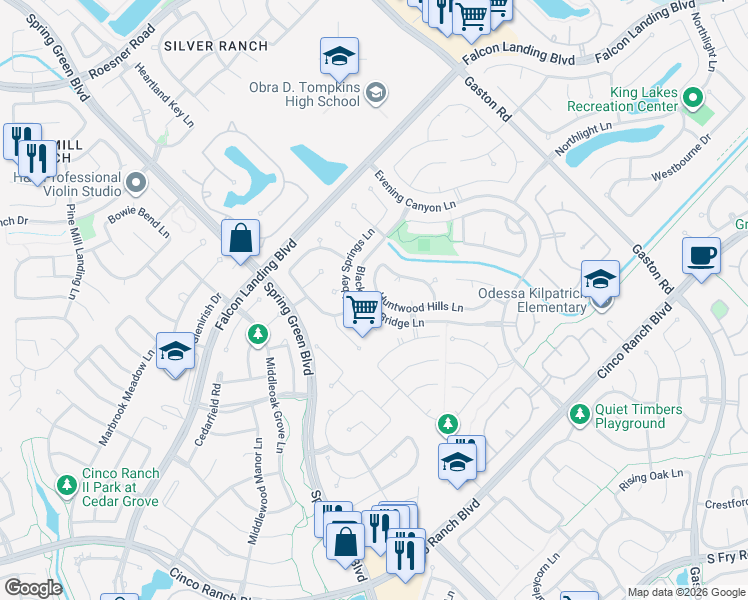 map of restaurants, bars, coffee shops, grocery stores, and more near 4438 Huntwood Hills Lane in Katy