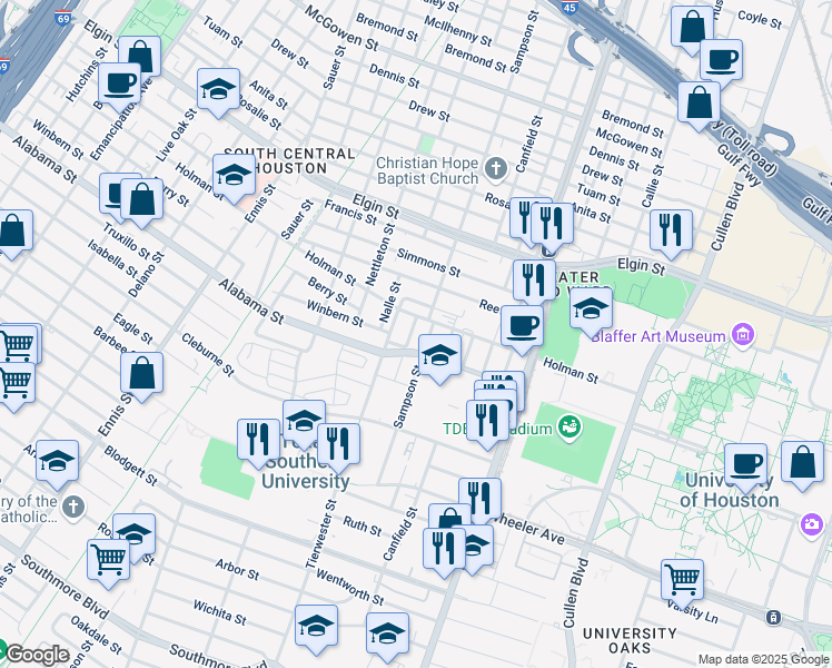 map of restaurants, bars, coffee shops, grocery stores, and more near 3509 Cobb St in Houston