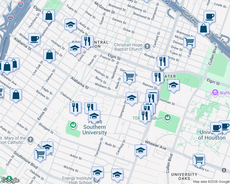 map of restaurants, bars, coffee shops, grocery stores, and more near 119 Winbern Street in Houston