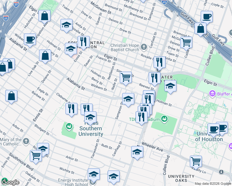 map of restaurants, bars, coffee shops, grocery stores, and more near 119 Winbern Street in Houston