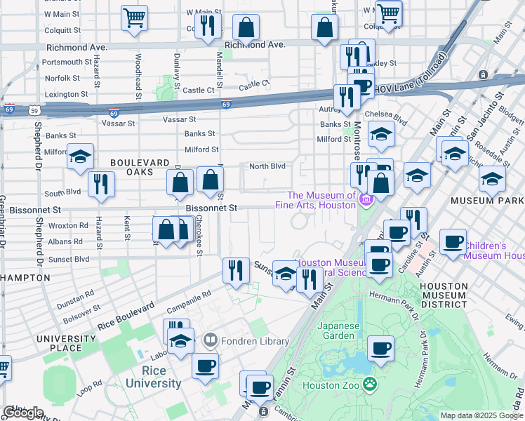 map of restaurants, bars, coffee shops, grocery stores, and more near 5301 Institute Lane in Houston