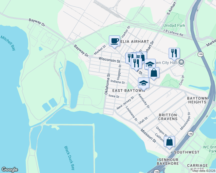 map of restaurants, bars, coffee shops, grocery stores, and more near 3230 Oklahoma Street in Baytown