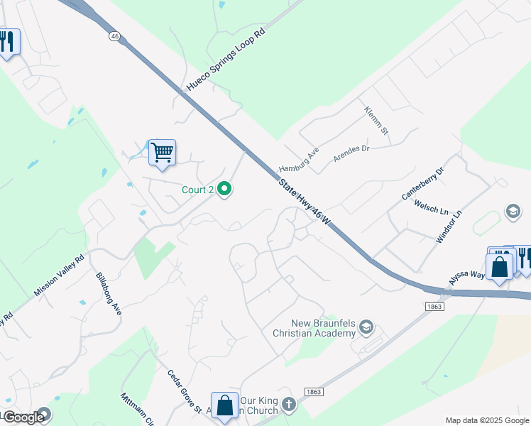 map of restaurants, bars, coffee shops, grocery stores, and more near 224 T Bar M Drive in New Braunfels