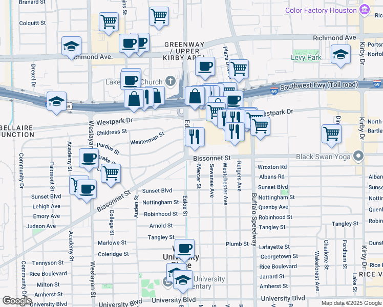 map of restaurants, bars, coffee shops, grocery stores, and more near 3622 Bissonnet St in Houston