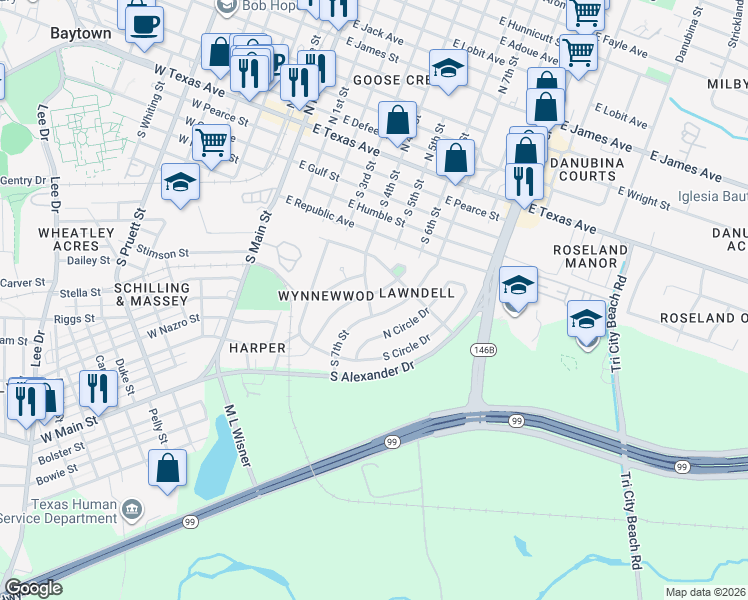 map of restaurants, bars, coffee shops, grocery stores, and more near 704 Parkway Drive in Baytown