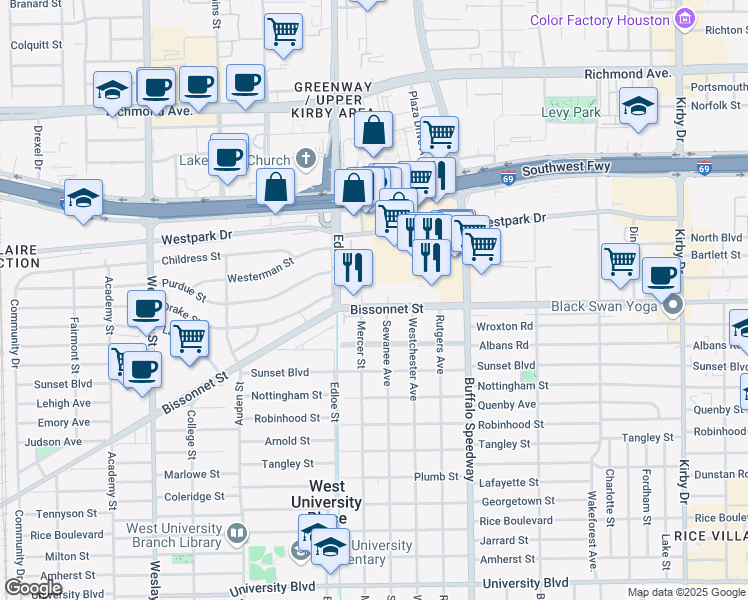map of restaurants, bars, coffee shops, grocery stores, and more near 3506 Bissonnet Street in Houston