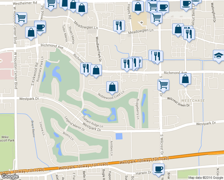 map of restaurants, bars, coffee shops, grocery stores, and more near 3203 Sunrise Manor Court in Houston