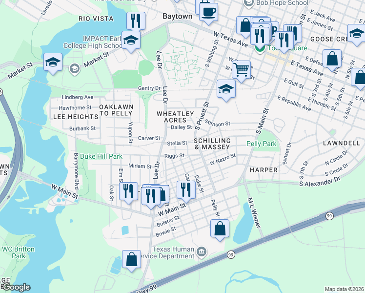 map of restaurants, bars, coffee shops, grocery stores, and more near 504 Stella Street in Baytown