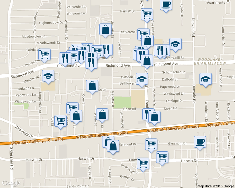 map of restaurants, bars, coffee shops, grocery stores, and more near 3715 Jeanetta Street in Houston