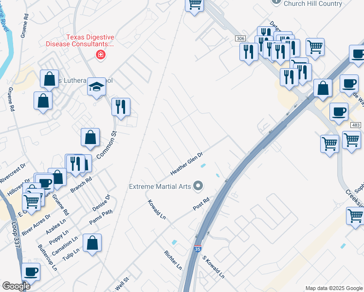map of restaurants, bars, coffee shops, grocery stores, and more near 2077 Interstate 35 in New Braunfels