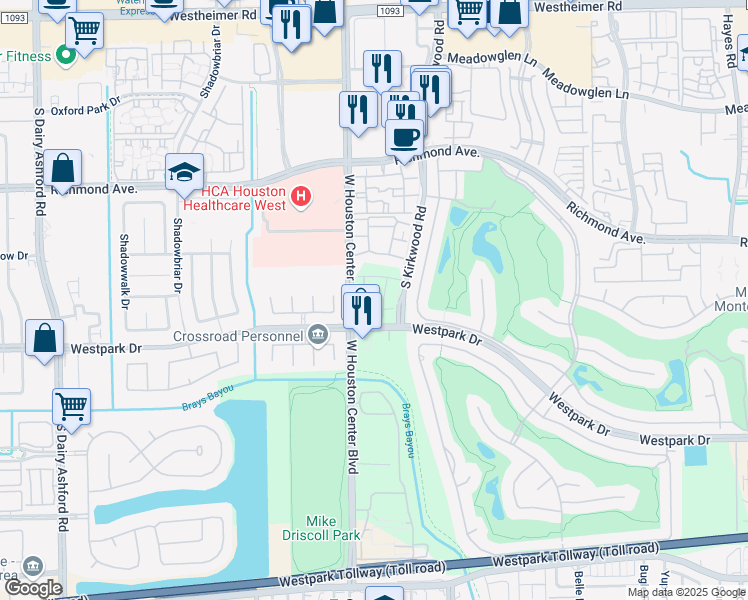 map of restaurants, bars, coffee shops, grocery stores, and more near 12012 Royal Oaks Run Drive in Houston