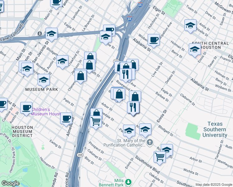 map of restaurants, bars, coffee shops, grocery stores, and more near 2309 Blodgett Street in Houston