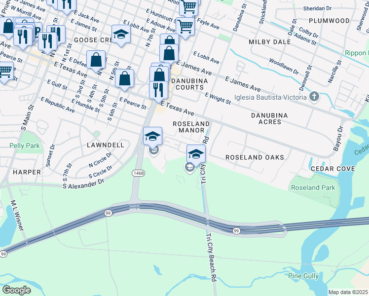 map of restaurants, bars, coffee shops, grocery stores, and more near 301 Tri City Beach Road in Baytown