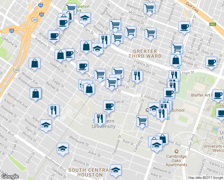 map of restaurants, bars, coffee shops, grocery stores, and more near 3238 Alabama Street in Houston