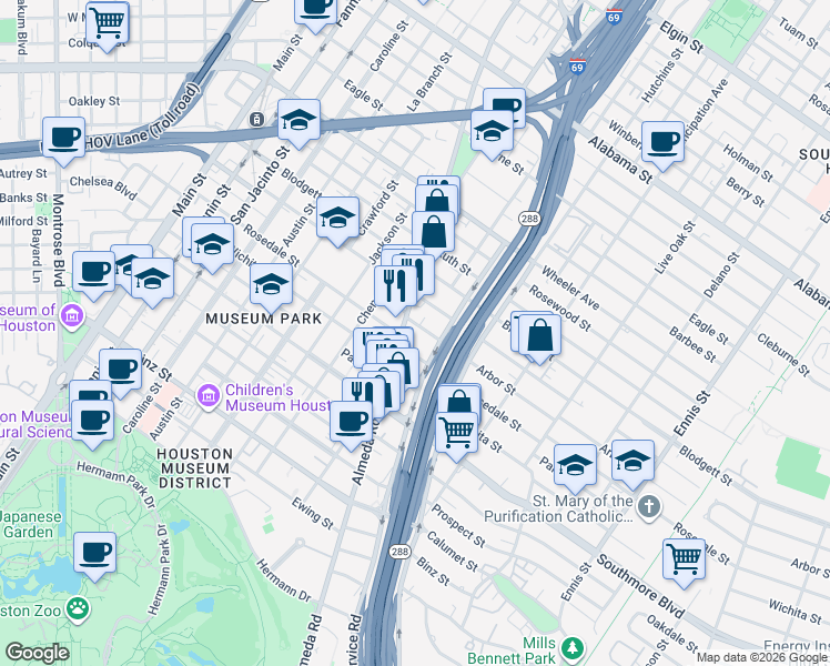 map of restaurants, bars, coffee shops, grocery stores, and more near 4909 Almeda Road in Houston