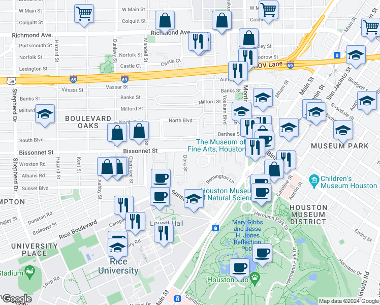 map of restaurants, bars, coffee shops, grocery stores, and more near 5313 Dora Street in Houston