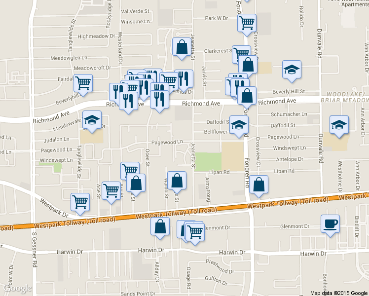 map of restaurants, bars, coffee shops, grocery stores, and more near 9221 Pagewood Lane in Houston