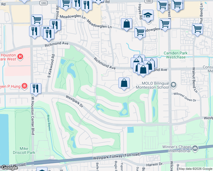 map of restaurants, bars, coffee shops, grocery stores, and more near 3211 Colony Crest Court in Houston