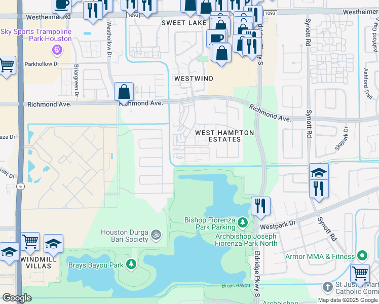 map of restaurants, bars, coffee shops, grocery stores, and more near 3233 Windchase Boulevard in Houston