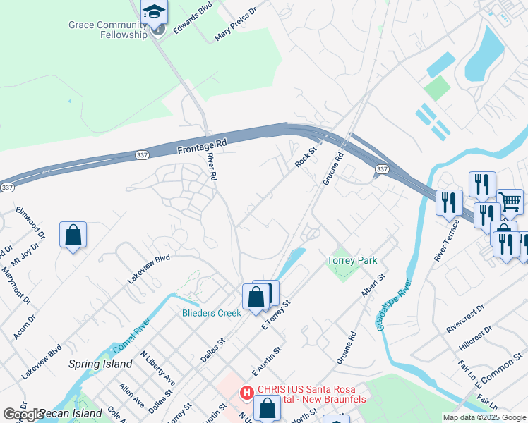 map of restaurants, bars, coffee shops, grocery stores, and more near 566 Rock Street in New Braunfels