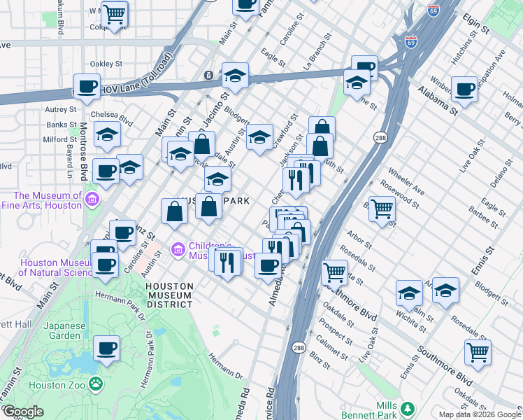 map of restaurants, bars, coffee shops, grocery stores, and more near 5011 Jackson Street in Houston