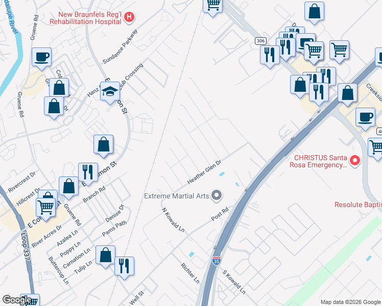 map of restaurants, bars, coffee shops, grocery stores, and more near 447 Mallow Drive in New Braunfels