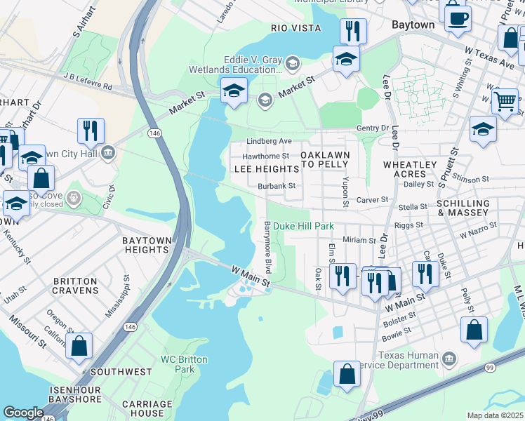 map of restaurants, bars, coffee shops, grocery stores, and more near 1105 Barrymore Boulevard in Baytown