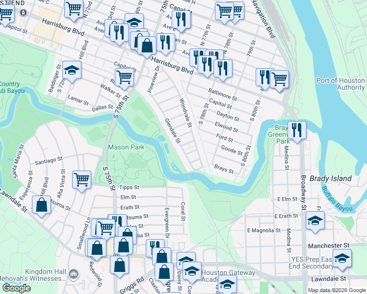 map of restaurants, bars, coffee shops, grocery stores, and more near 102 Inlane Street in Houston
