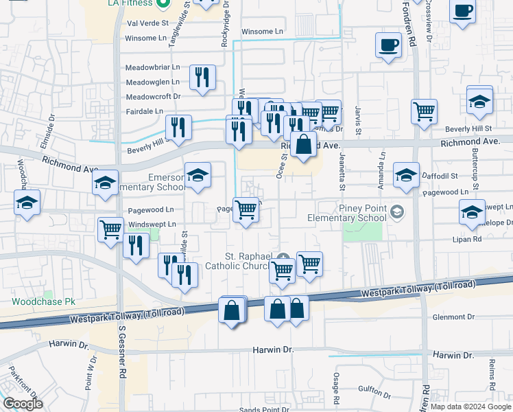 map of restaurants, bars, coffee shops, grocery stores, and more near 9345 Pagewood Lane in Houston