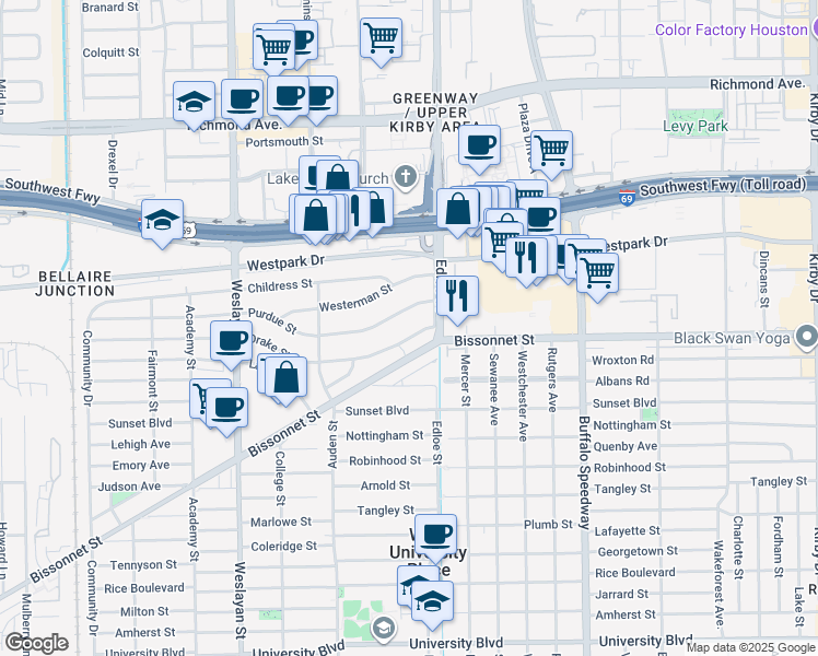 map of restaurants, bars, coffee shops, grocery stores, and more near 3718 Drake Street in Houston