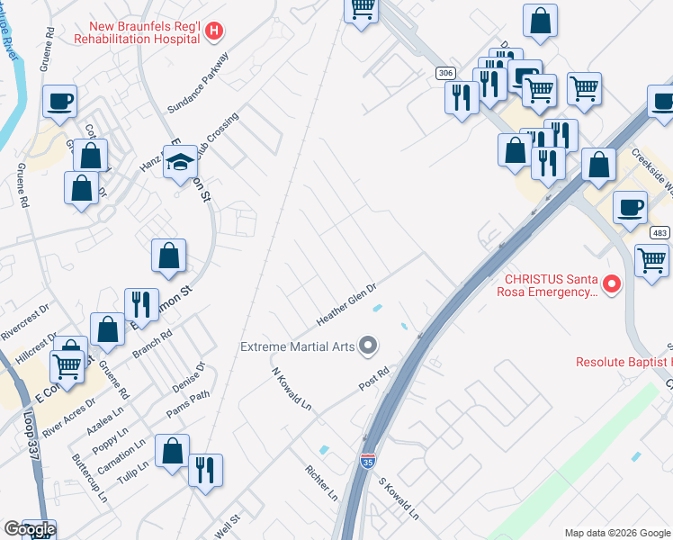 map of restaurants, bars, coffee shops, grocery stores, and more near 447 Mallow Drive in New Braunfels