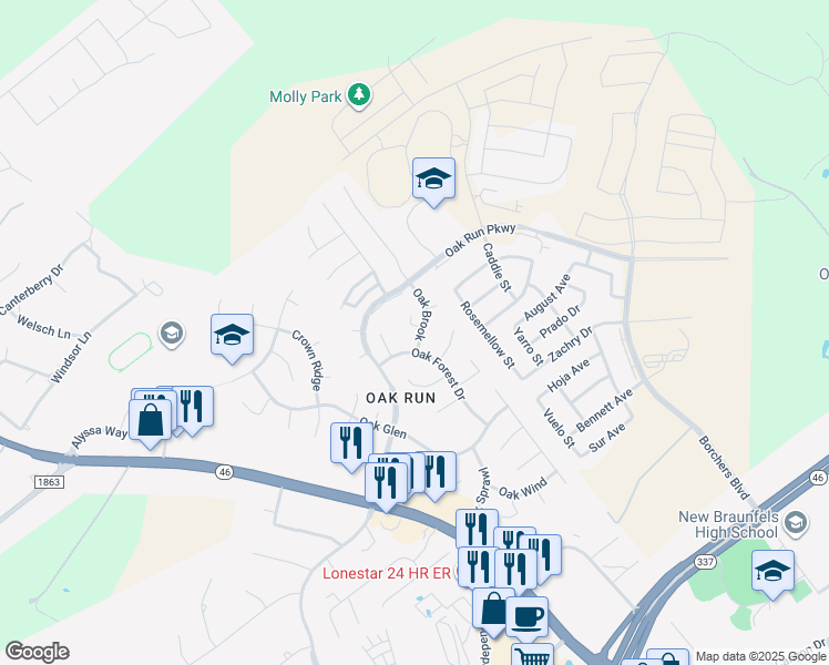map of restaurants, bars, coffee shops, grocery stores, and more near 7 Oak Moss in New Braunfels