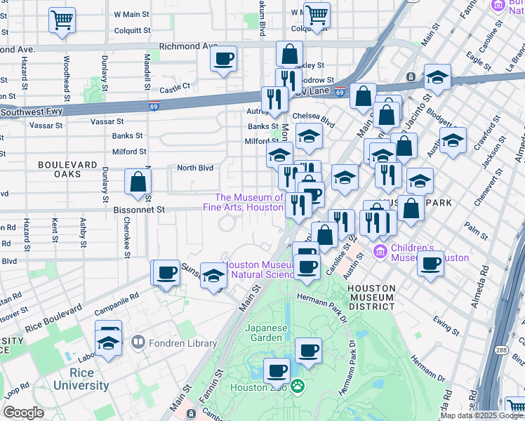 map of restaurants, bars, coffee shops, grocery stores, and more near 6 West 11th Place in Houston