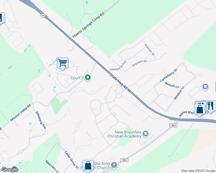 map of restaurants, bars, coffee shops, grocery stores, and more near 205 T Bar M Dr in New Braunfels