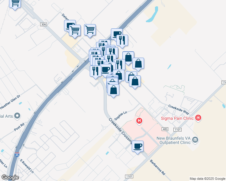 map of restaurants, bars, coffee shops, grocery stores, and more near 241 Creekside Crossing in New Braunfels