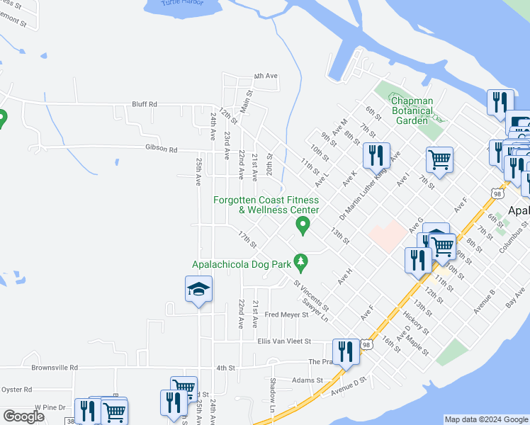 map of restaurants, bars, coffee shops, grocery stores, and more near Jefferson Street in Apalachicola