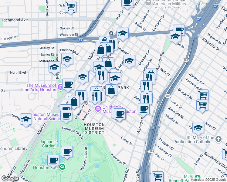 map of restaurants, bars, coffee shops, grocery stores, and more near in Houston