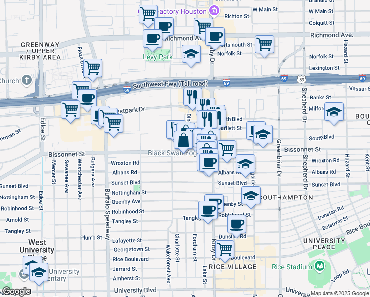 map of restaurants, bars, coffee shops, grocery stores, and more near 2710 Bissonnet Street in Houston
