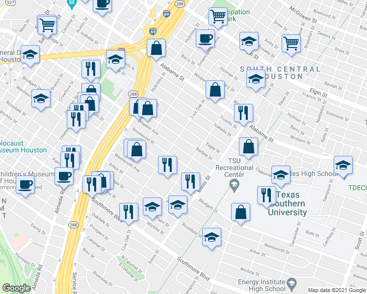 map of restaurants, bars, coffee shops, grocery stores, and more near 2617 Wheeler Avenue in Houston