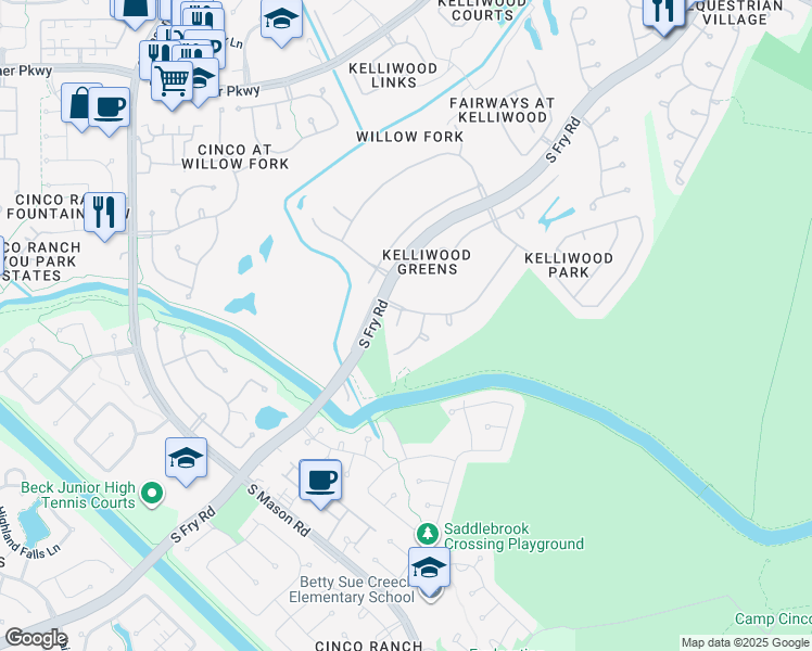 map of restaurants, bars, coffee shops, grocery stores, and more near 4307 Iron Castle Court in Katy