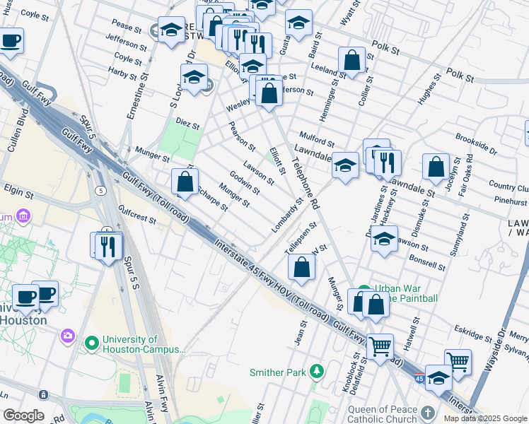 map of restaurants, bars, coffee shops, grocery stores, and more near 1547 Munger Street in Houston